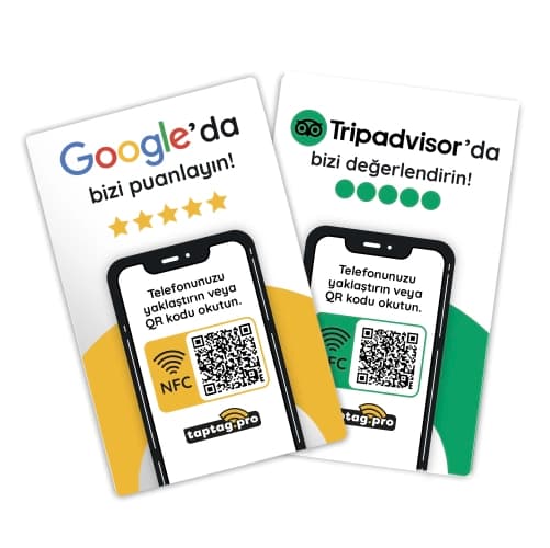 Taptag Pro NFC ve QR Kodlu 2'li Paket - Google ve Tripadvisor Yorum / Puanlama Kartı