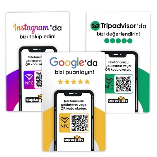 Taptag Pro NFC ve QR Kodlu 3'lü Paket - Google, Tripadvisor Yorum / Puanlama, Instagram Takip ve Profil Yönlendirme Kartı